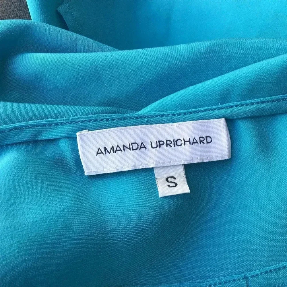 Amanda Uprichard blue silk blouse boat neck tan sleeves hi low hem Size S - Picture 6 of 9